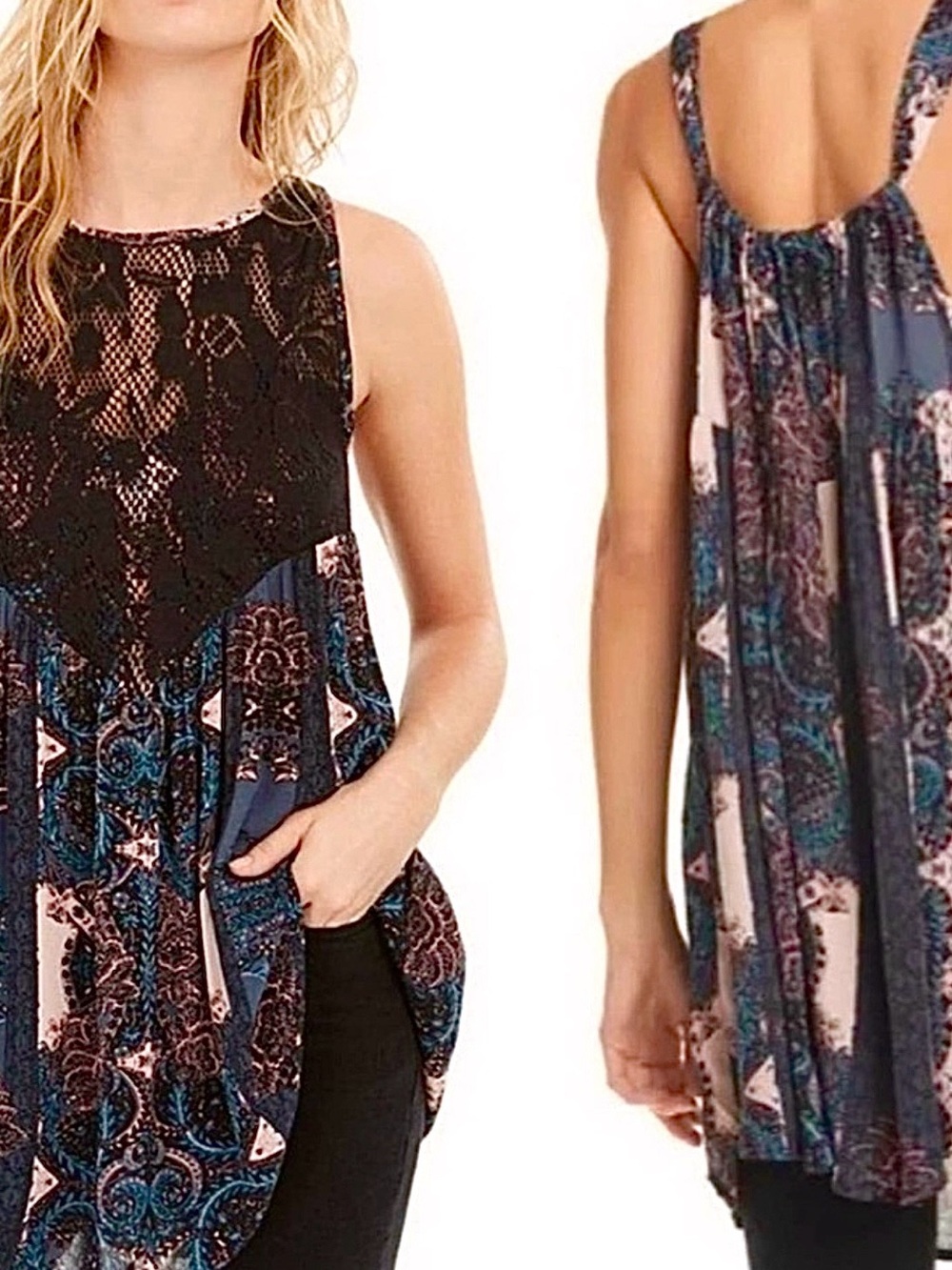 Intimately Free People Lace Yoke Trapeze Tunic Boho Paisley Swing Tank Size S